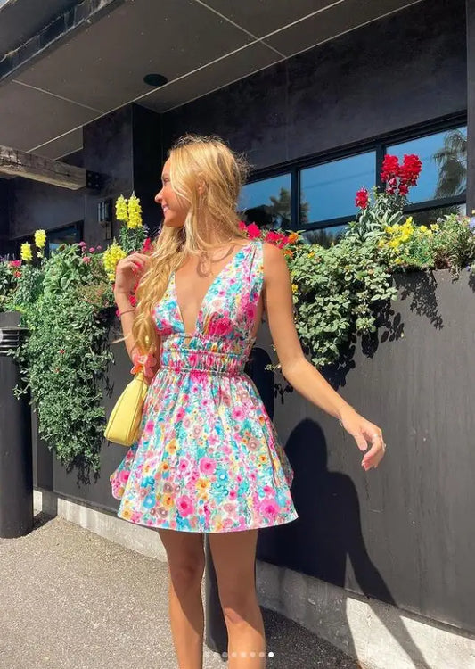 New Women Elegant Floral Printed Mini Dress Sleeveless V Neck Backless Flower Print Summer Club Party Dress Hot Sale S-XL