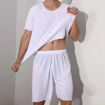 Men's Two-Piece Ice Silk Pajamas Men's Summer Thin Modal Short-Sleeved Pajamas Homewear Men's Large Size Pajamas Homewear Set