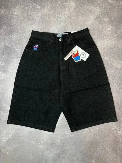Straight Cotton Loose Embroidered Denim Shorts Men's American Retro Five Pants Summer Loose High Street Skater Pants Y2k Cargo