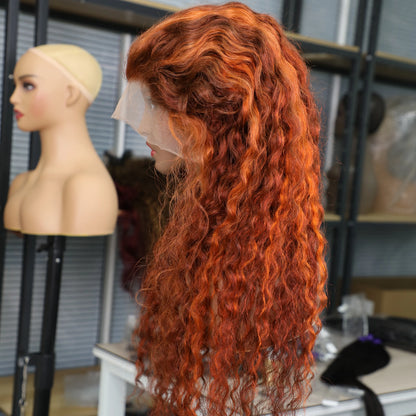 Highlight 4/350 Water Wave 13x6 Lace Frontal Human Hair Wigs Brazilian Ginger Orange Brown Color 13x4 Lace Front Curly Wig 220%