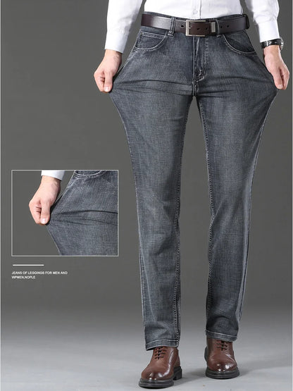 20234 Brand Men's Stretch Loose Straight Fit Jeans Men's Business Casual Denim Pants Brand New Style Trousers Mens Wear Grey