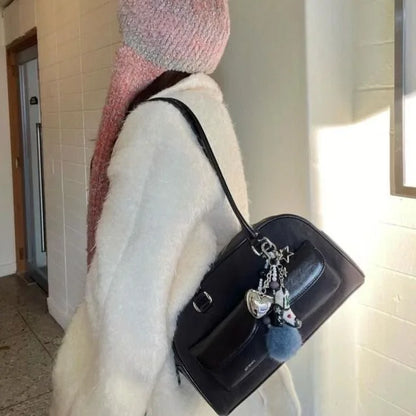 Lux Trendy Street Standoil Korea Designer Bowling Box Handbag for Women Boston Tote Bag PU Leather Bag Female Accessory