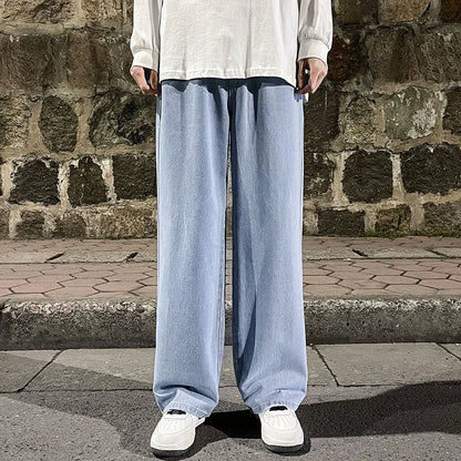 Korean Fashion Men's Baggy Jeans Elastic Waist  Classic olid Color Straight-leg Denim Wide-leg Pants Male Light Blue Grey Black