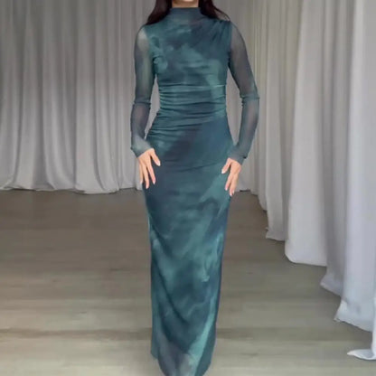 Fashionable Midi Skirt Dress Elegant Pleated Midi Dress for Women Slim Fit Solid Color Long Sleeve Dress with Half-high Collar