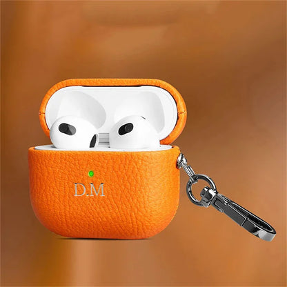 Personalized Gold Initials Letters Customize Earphone DIY Cover For Airpods 1 2 3 Pro 2 Luxury Lychee Skin Pattern With Keychain