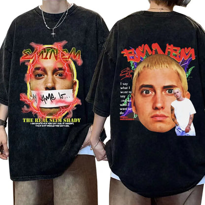 Rapper Eminem Slim Shady Print T Shirt Male 90s Hip Hop Punk Rock Vintage Wash T Shirts Men's Harajuku Clothes Unisex Streetwear