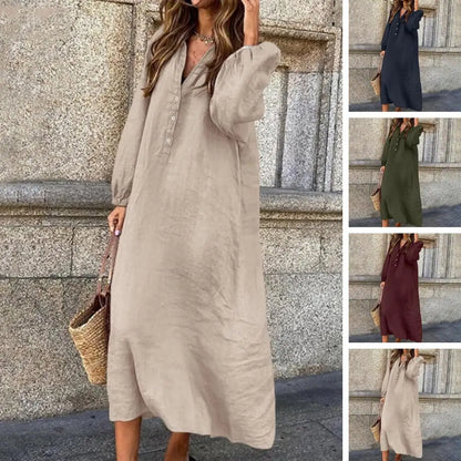 Stylish Button-breasted Dress for Women Elegant V-neck Cotton Linen Dress with Long Sleeves Button Decoration for Summer Ladies