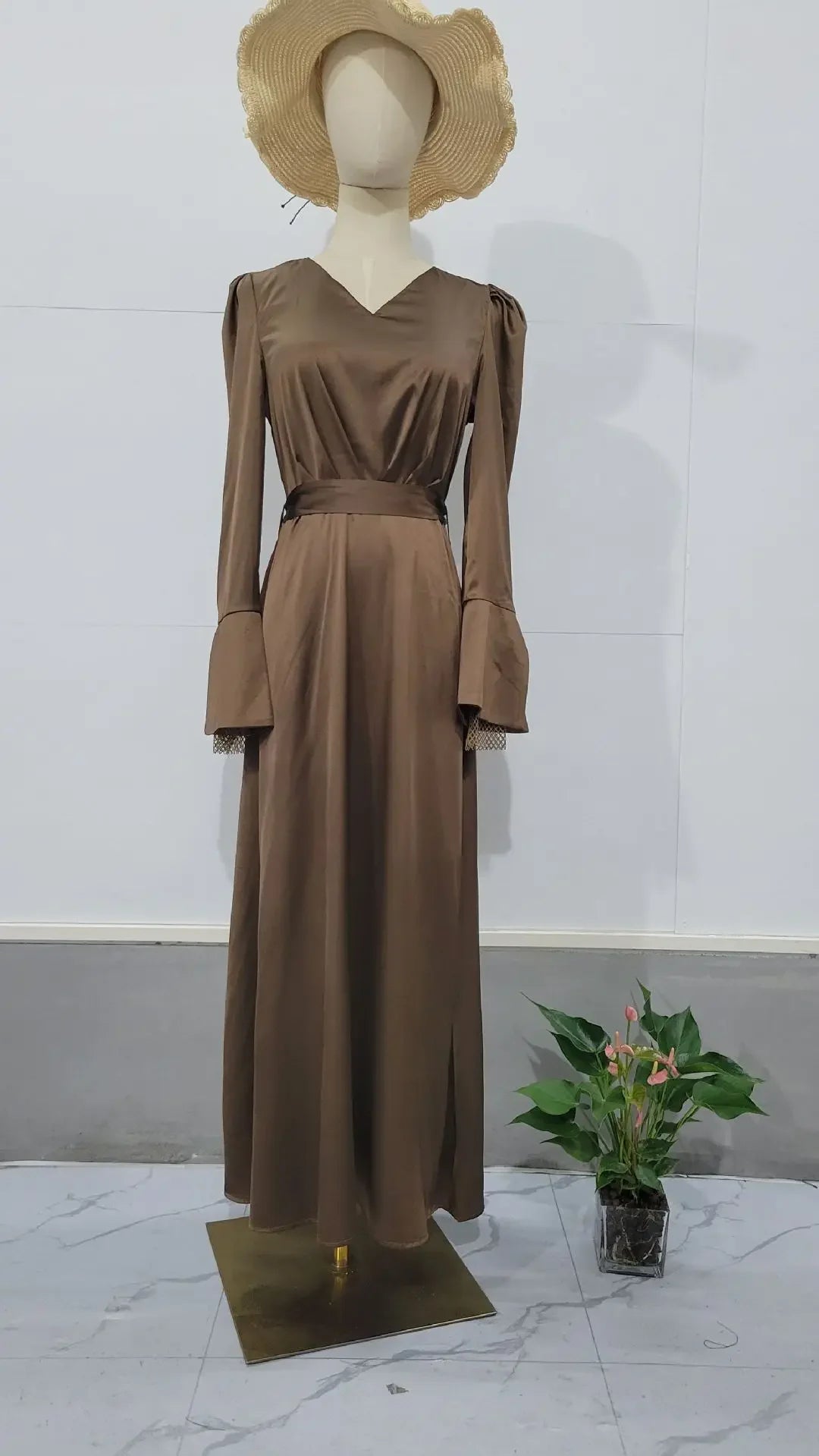 Eid women Dress for woman V Neck Belt Satin Maxi Long Dresses Abaya Ramadan Lace-up Abayas Kaftan Dubai Arab Modest Long Robe