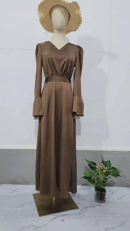 Eid women Dress for woman V Neck Belt Satin Maxi Long Dresses Abaya Ramadan Lace-up Abayas Kaftan Dubai Arab Modest Long Robe