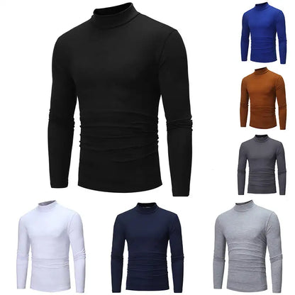 Fashion Men's Casual Slim Fit Basic Turtleneck Cotton T-Shirt High Collar Pullover Male Autumn Spring Thin Tops Basic Bottoming