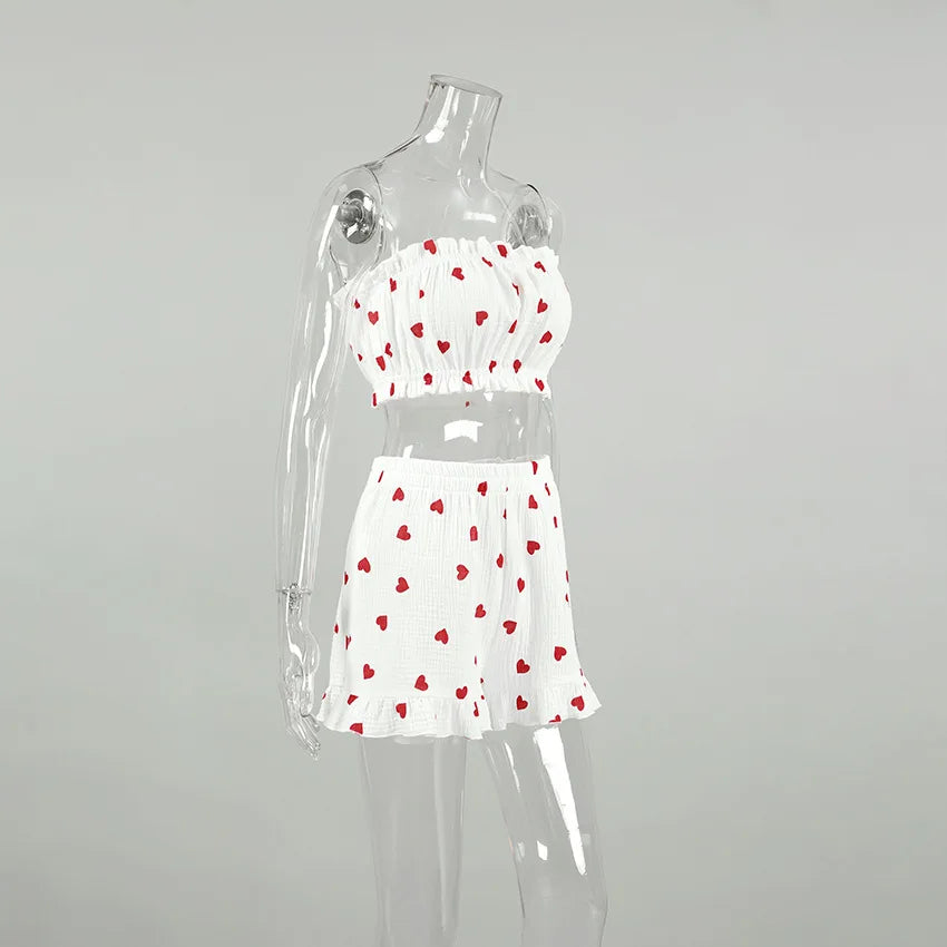 Spring New Fashion Style Love Printed Ruffle Edge Underwear Long sleeved Shorts Three piece Set for Women's Home Fury