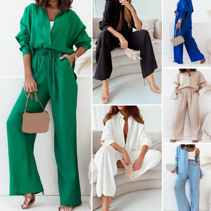 Casual Loose Fit Suit Women's Casual Homewear Set with Loose Drawstring Pants Long Sleeve Shirt Soft Breathable Fabric Elastic