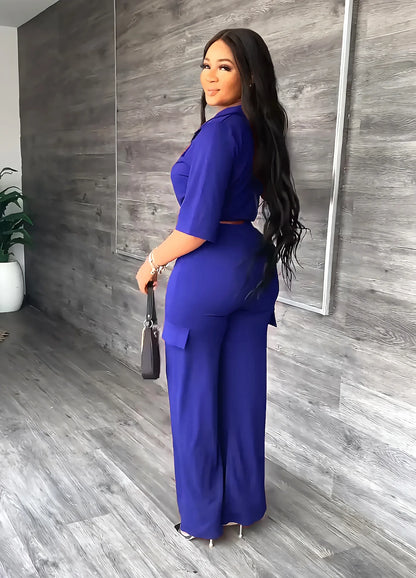 Elegant Women's Set Casual Drawstring Half Sleeve Short Blouse High Waist Straight Wide Leg Pant Suit Tracksuit Two Piece Outfit
