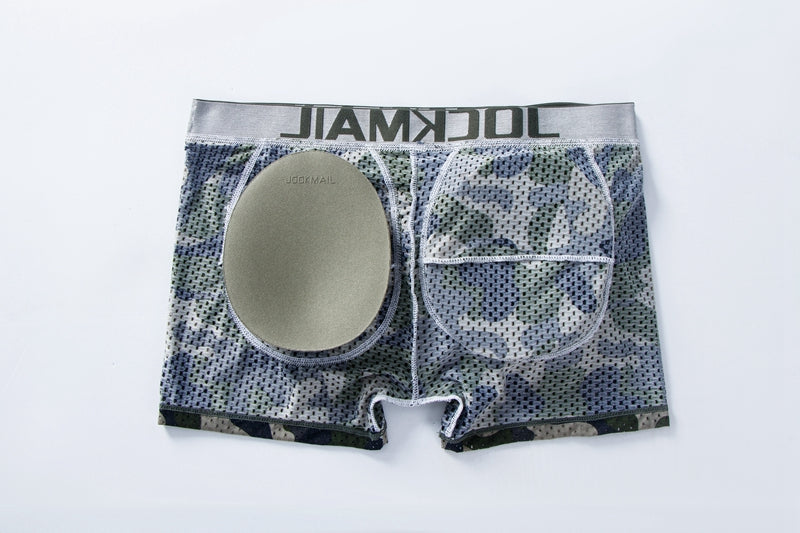 Men's Sexy Fashion Ice Silk Mesh Breathable Soft Comfortable Butt Lift Boxer Briefs Underwear Low Waist Camouflage Quick Dry