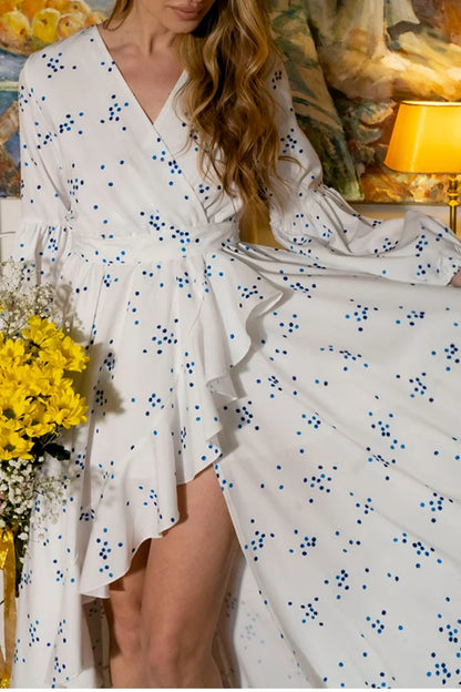 Women Intellectuality Elegant Vintage Summer Bandage White Chiffon Blue Polka Dot Long Slit Boho Beach Maxi Dresses Long Sleeve