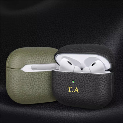 Personalized gold Initials Letters Customize Earphone Case For Airpods 1 2 3 Pro2 Luxury Lychee Skin Pattern With Keychain Cover