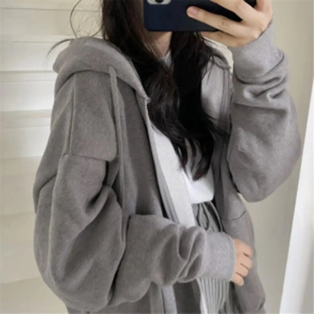 Women's Sweatshirt Zipper Hoodie High Street Double Pockets Oversize Loose Sweatshirts Outerwear Top Korean Fashion Sweatshirts