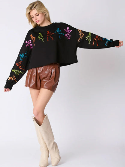 Glitter Patchwork Hoodies Vintage Tshirt Harajuku Slim Long Sleeve Streetwear Women Clothes Halloween Tee Top Autumn Winter