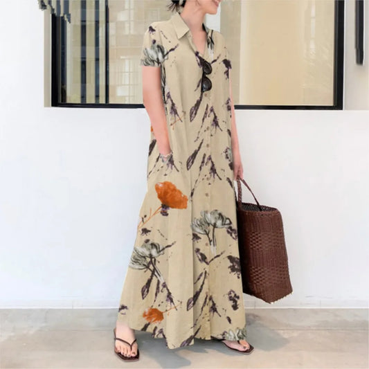 Fashion Cotton And Linen Solid Color Short Sleeve Pocket Dresses Women Summer Fashion Retro Loose Casual Long Shirt Female Dress