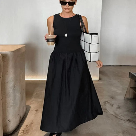 Women Black Backless Sleeveless Dress Fashion Knitted Patchwork Solid Long Dress Elegant Round Neck Loose Hem Maxi Dresses Lady