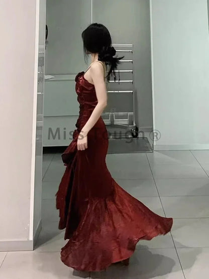 Red Rose Vintage Long Dress Women 2024 Summer Slim Mermaid Spaghetti Strap Floral Dress Female Elegant Sexy Evening Party Dress
