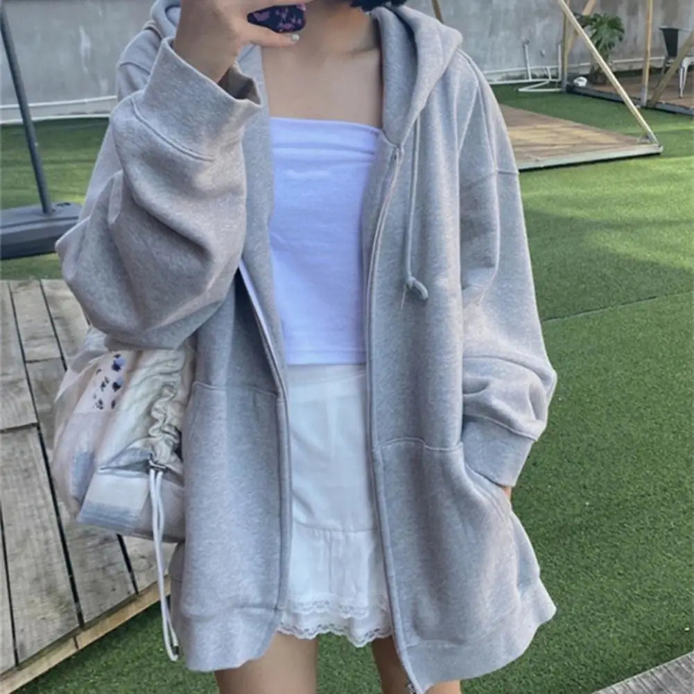 Women's Sweatshirt Zipper Hoodie High Street Double Pockets Oversize Loose Sweatshirts Outerwear Top Korean Fashion Sweatshirts