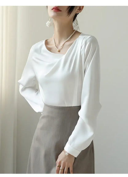 Satin Women's Shirts New Silk Solid Casual Blouses Loose Spring/Summer Ladies Clothing FASHION Long Sleeves White Tops