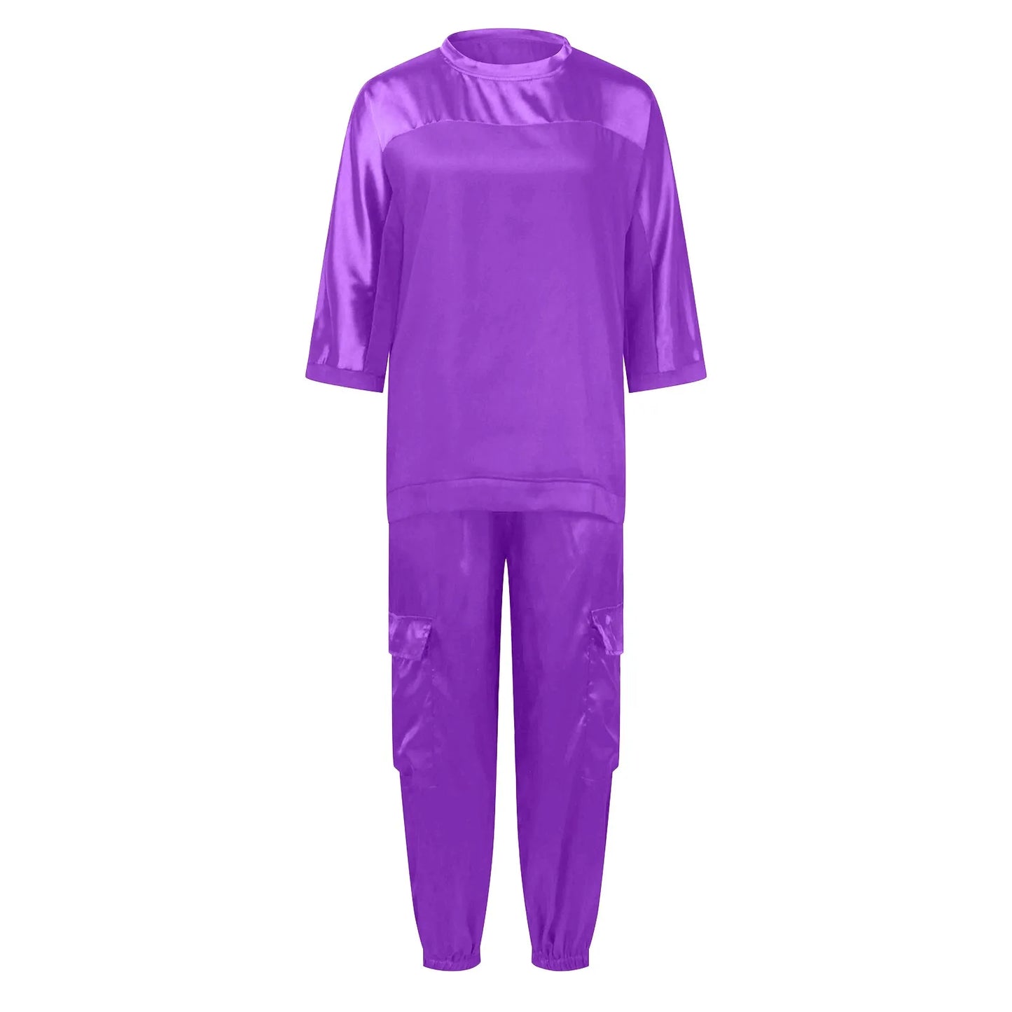 Women's Smooth Satin Short-sleeved Top and Pants Two-piece Set Spring O-neck Lace Up Outfits Summer Sleek Elegance Leisure Suit