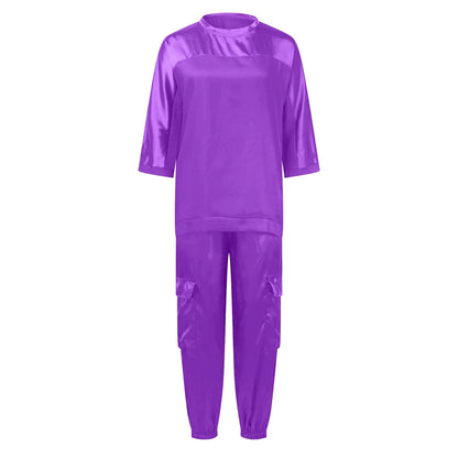 Women's Smooth Satin Short-sleeved Top and Pants Two-piece Set Spring O-neck Lace Up Outfits Summer Sleek Elegance Leisure Suit