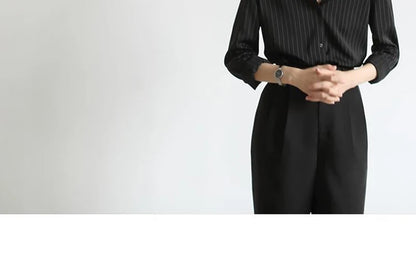 MEXZT Vintage Black Striped Shirts Women Office Long Sleeve Loose Casual Blouses Lady Korean Fashion Elegant Chic All Match Tops
