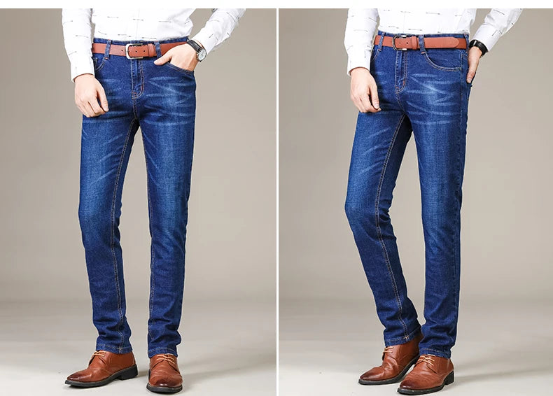 Business Men's Jeans Casual Straight Stretch Fashion Classic Blue Black Work Denim Trousers Male Brand Clothing