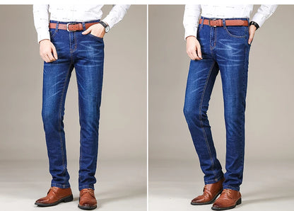 Business Men's Jeans Casual Straight Stretch Fashion Classic Blue Black Work Denim Trousers Male Brand Clothing