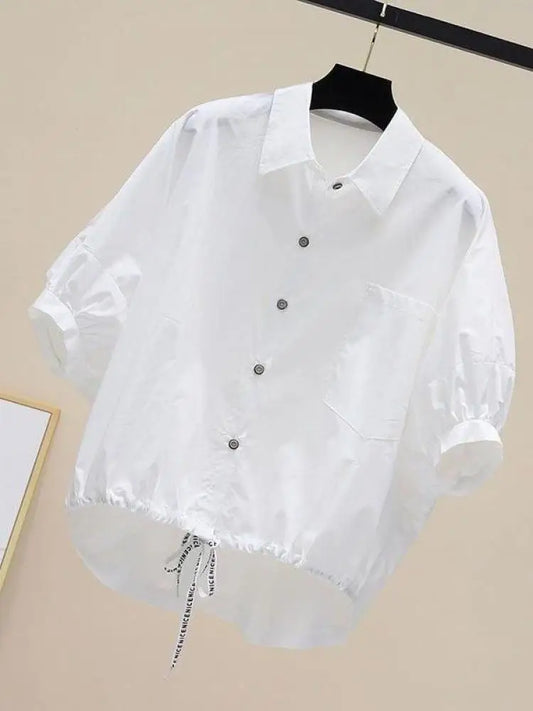 Summer New Bat Sleeve Pockets Shirt Women Loose Casual Short Sleeve Blouse Solid Lace Up Tops Half Shirts Lady High Street Trend