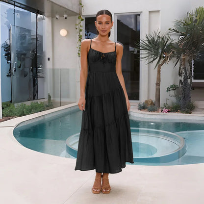 European And American Women's New Spliced Suspender Long Backless Tie Big Swing Dress With Lining