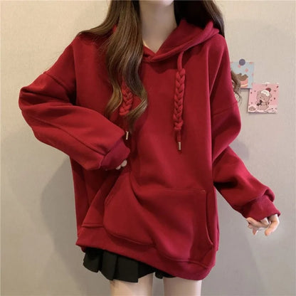 QWEEK Korean Style Hooded Sweatshirts Christmas Red Women's Hoodie Oversize Long Sleeve Pullovers Autumn Winter Warm Fashion New