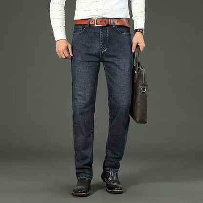 2025 Fashion Four Seasons Classic Blue Black Work Denim Trousers  Men's Jeans Casual Straight Stretch Male Brand Clothing