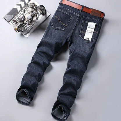 2025 Fashion Four Seasons Classic Blue Black Work Denim Trousers  Men's Jeans Casual Straight Stretch Male Brand Clothing