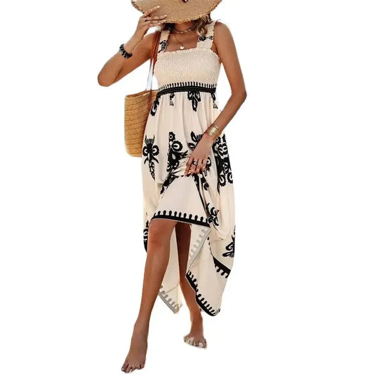 Women New Backless Suspenders Dresses Vintage Print Elastic Pleated Wrap Bust Long Gown Female Comfortable Vacation Casual Dress