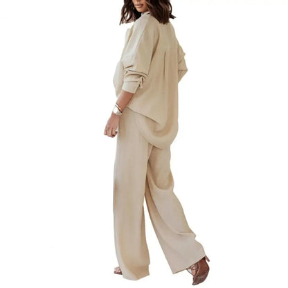 Casual Loose Fit Suit Women's Casual Homewear Set with Loose Drawstring Pants Long Sleeve Shirt Soft Breathable Fabric Elastic