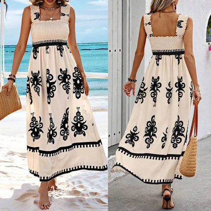 2024 New Women Summer Dress Straps Printed High Waist Sexy Backless Beach Dress Holiday New Robes Fashion Dresses