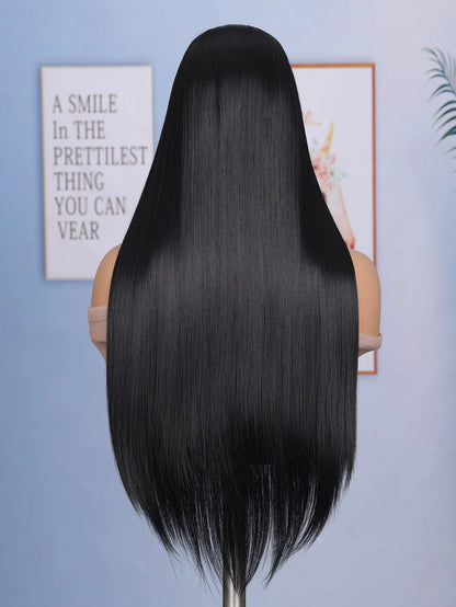 24 Inch Straight Lace Front Chemical Fiber Wigs Black Color Synthetic Straight Hair Wigs For Daily Party Cosplay Wear