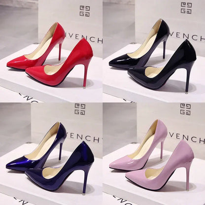 Women Solid Color Pumps Female High Heel Shoes Woman Fashion Patent Leather Sexy Pointed Toe Thin Heel Wedding Shoes