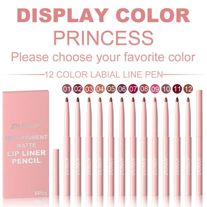 6PC Velvet Matte Lipstick Pen Nude Brown Lip Liner Pencil Kit Smooth Rose Red Pigment Waterproof Long Lasting Dye Cheek Lip Tint