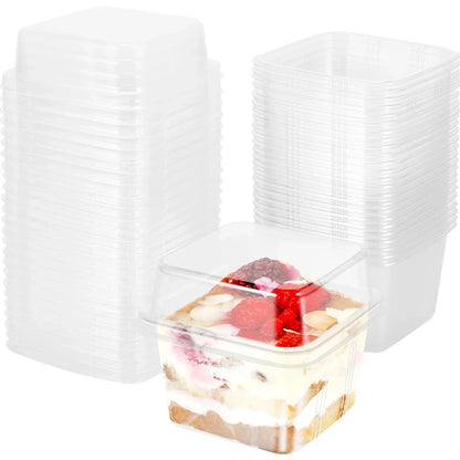 100Pcs Disposable Dessert Cups with Lids 8oz Reusable Cupcake Container Clear Square Single Dessert Box Sealed Cake Storage Box