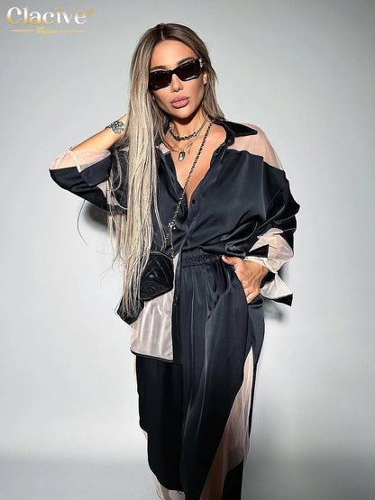 Clacive Elegant Women'S Sets Fashion Loose Spliced High Waist Pants Set Casual Long Sleeve Shirts 2 Piece Sets Women Outfit 2023