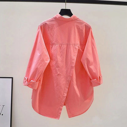 Women's Simple Casual Asymmetrical Oversized Cotton Button Up Long Sleeve Tunic Shirts Solid Streetwear Top Blouse Blusas Mujer