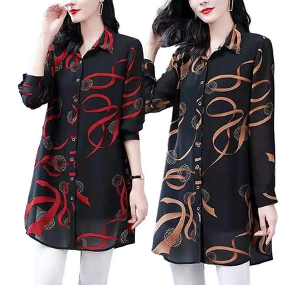 Lapel Long Sleeve Casual Shirt Single-breasted Thin Mid-aged Blouse Top Mother Printing Mid-length Shirt Daily Garment