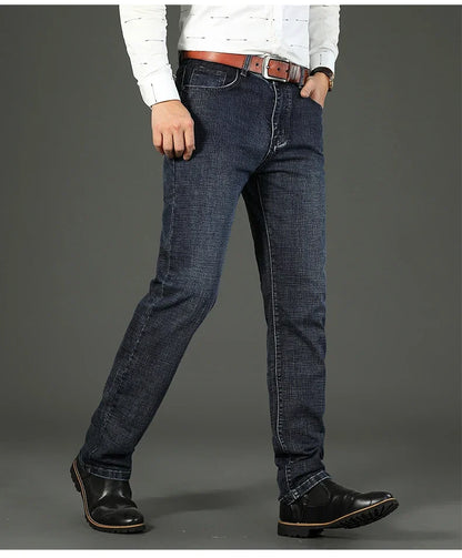 2025 Fashion Four Seasons Classic Blue Black Work Denim Trousers  Men's Jeans Casual Straight Stretch Male Brand Clothing