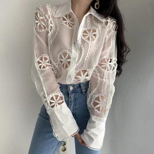 Spring Long Sleeve White Blouse Women Autumn Sexy Hollow Floral Embroidery Shirt Tops Vintage Loose Casual Blouses Blusas 13369