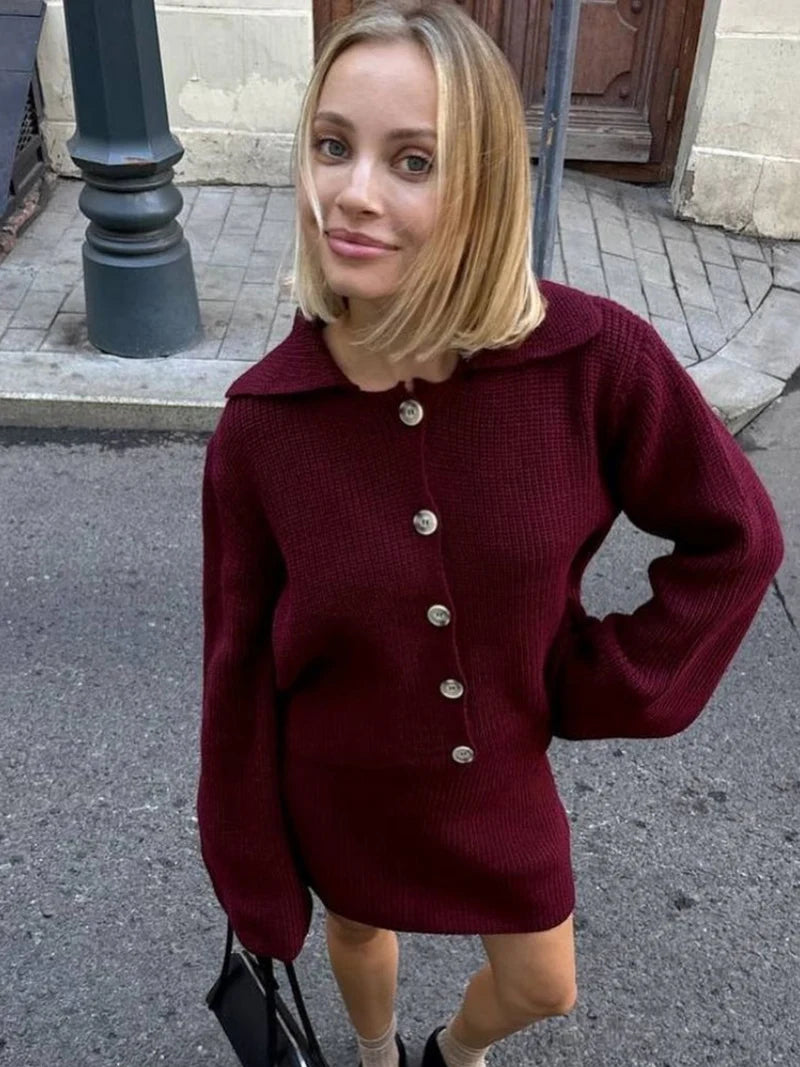 DGLUKE Red Knitted Cropped And Skirt Sets Women 2 Piece Outfit Fall Winter Sweater Matching Set Fashion Festival Outfits Women